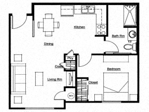 Floor plan for 1 bed, 1 bath, 611 sqft